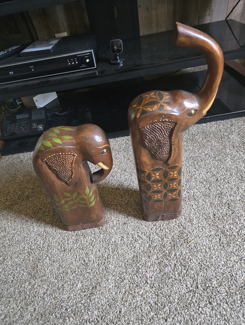 Vintage Pier1 Hand-Carved Wooden Elephant Statues - Brown with Green Accents